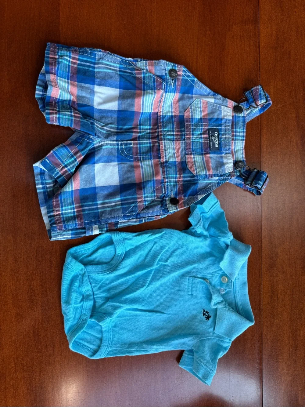 OshKosh B’gosh Baby Boy 6M Plaid Shortall Overalls & Polo 2 Piece Outfit